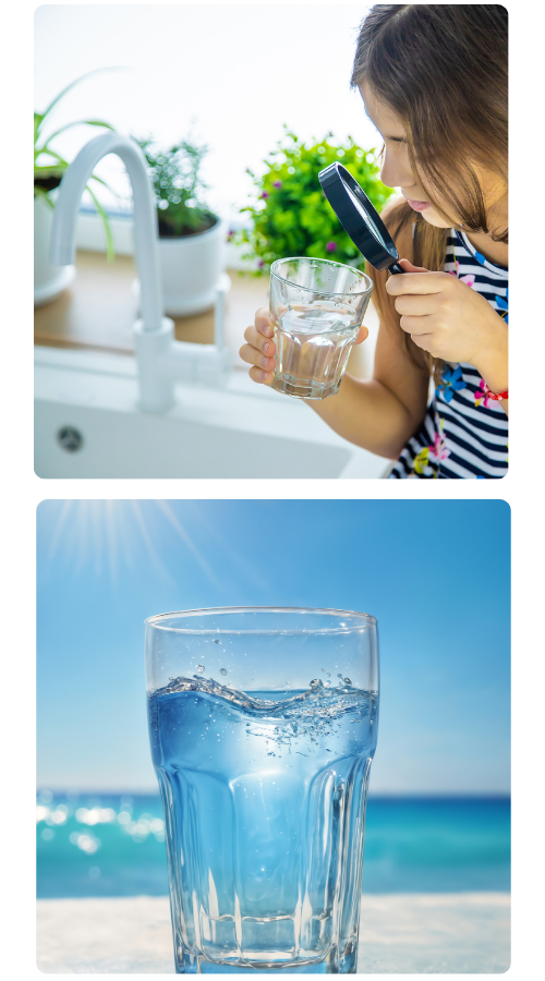 Image of a girl inspecting a glass of water with a magnifying glass